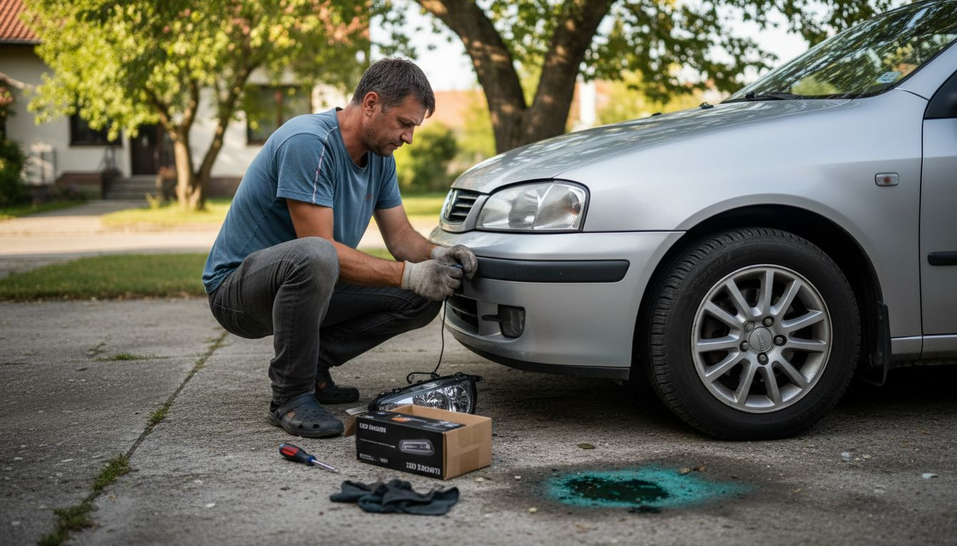 Moški pred hišo na dovozu vgrajuje LED žaromete v svoj avto.