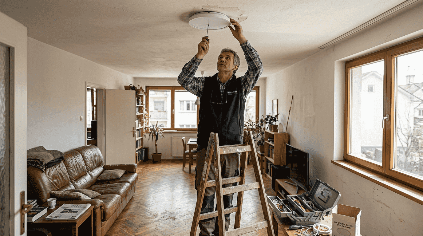 Moški namešča novo LED svetilko v dnevni sobi.