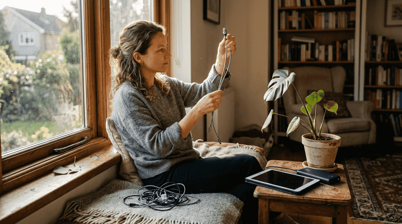 Ženska pri oknu z zanimanjem pregleduje pleten USB kabel.