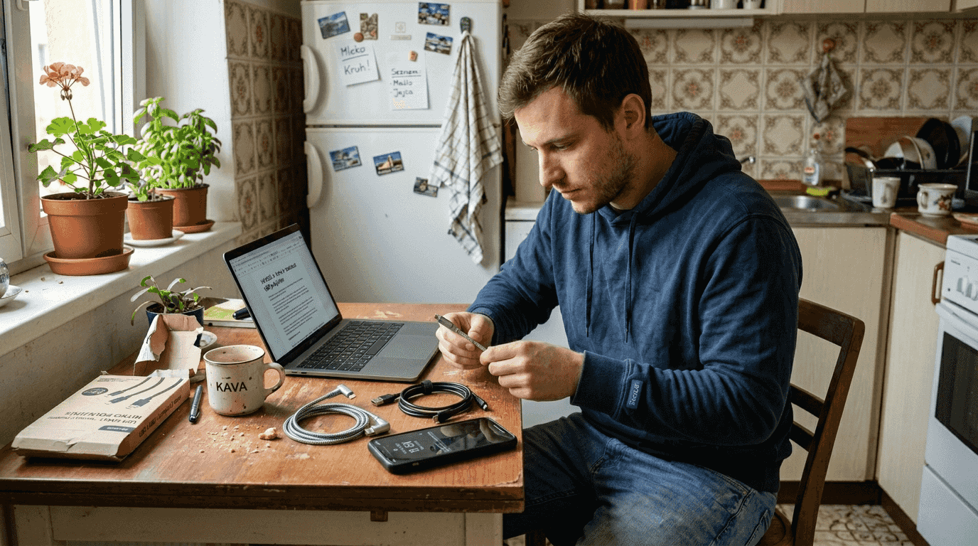 Moški za kuhinjsko mizo primerja različne USB kable in se odloča, kateri bi bil najboljši za njegovo napravo.