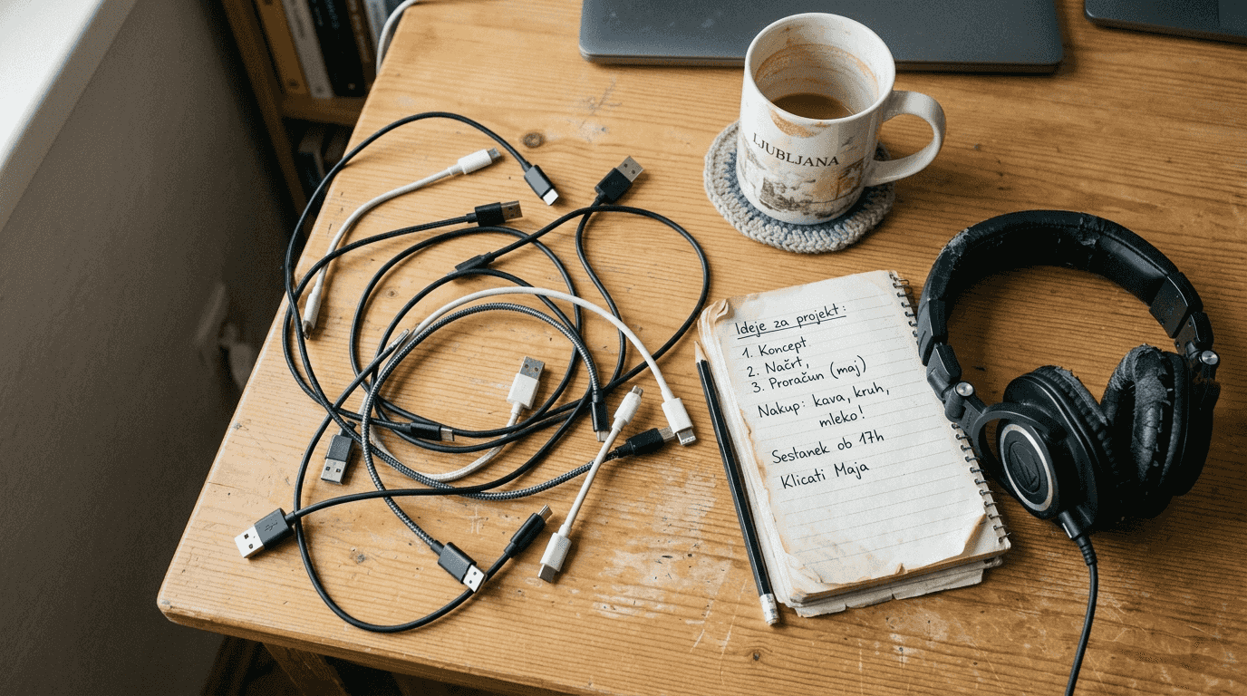 Na leseni mizi so razporejeni različni USB kabli.