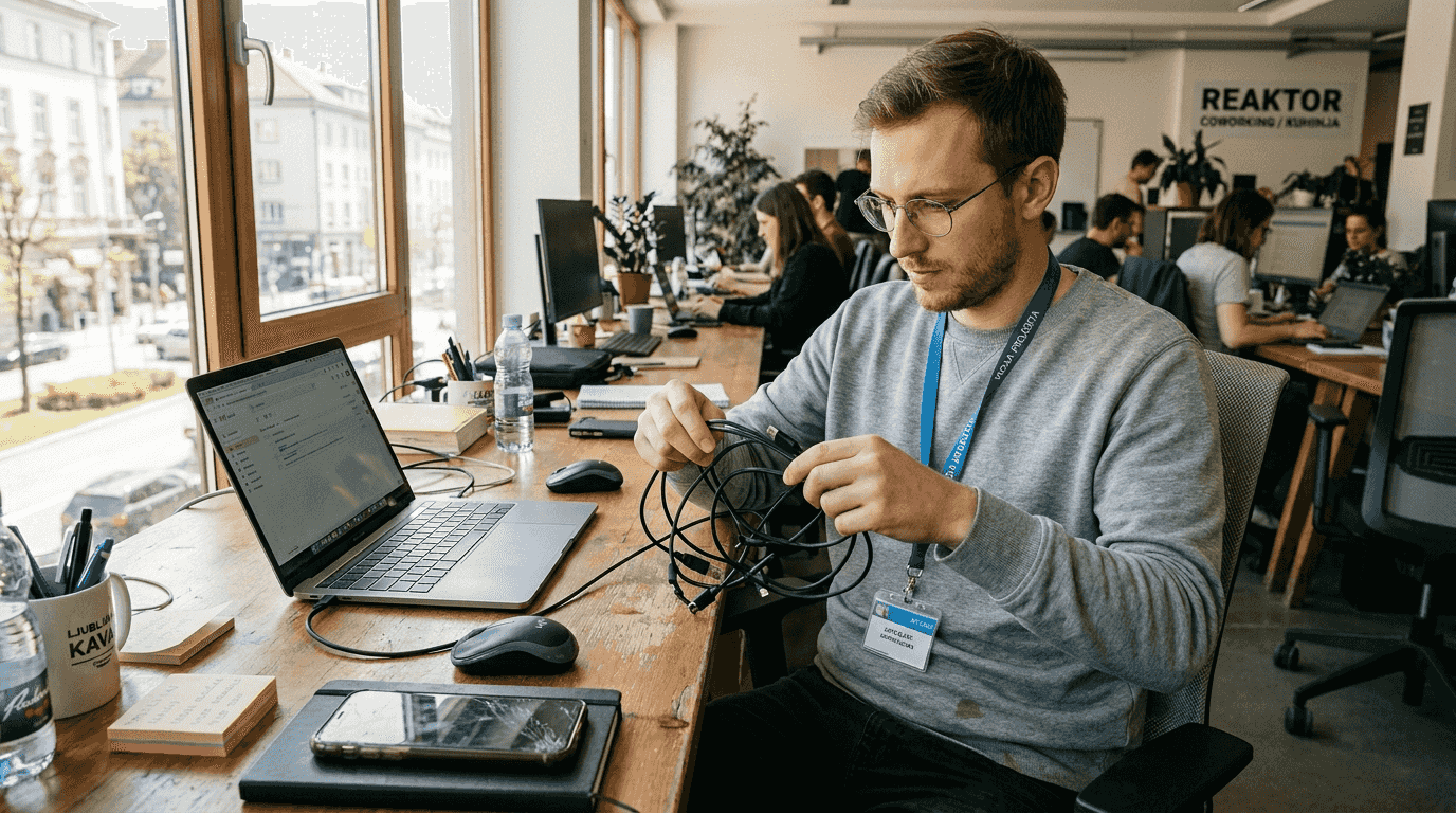 Moški za pisalno mizo poskuša razplesti zmedo USB kablov.