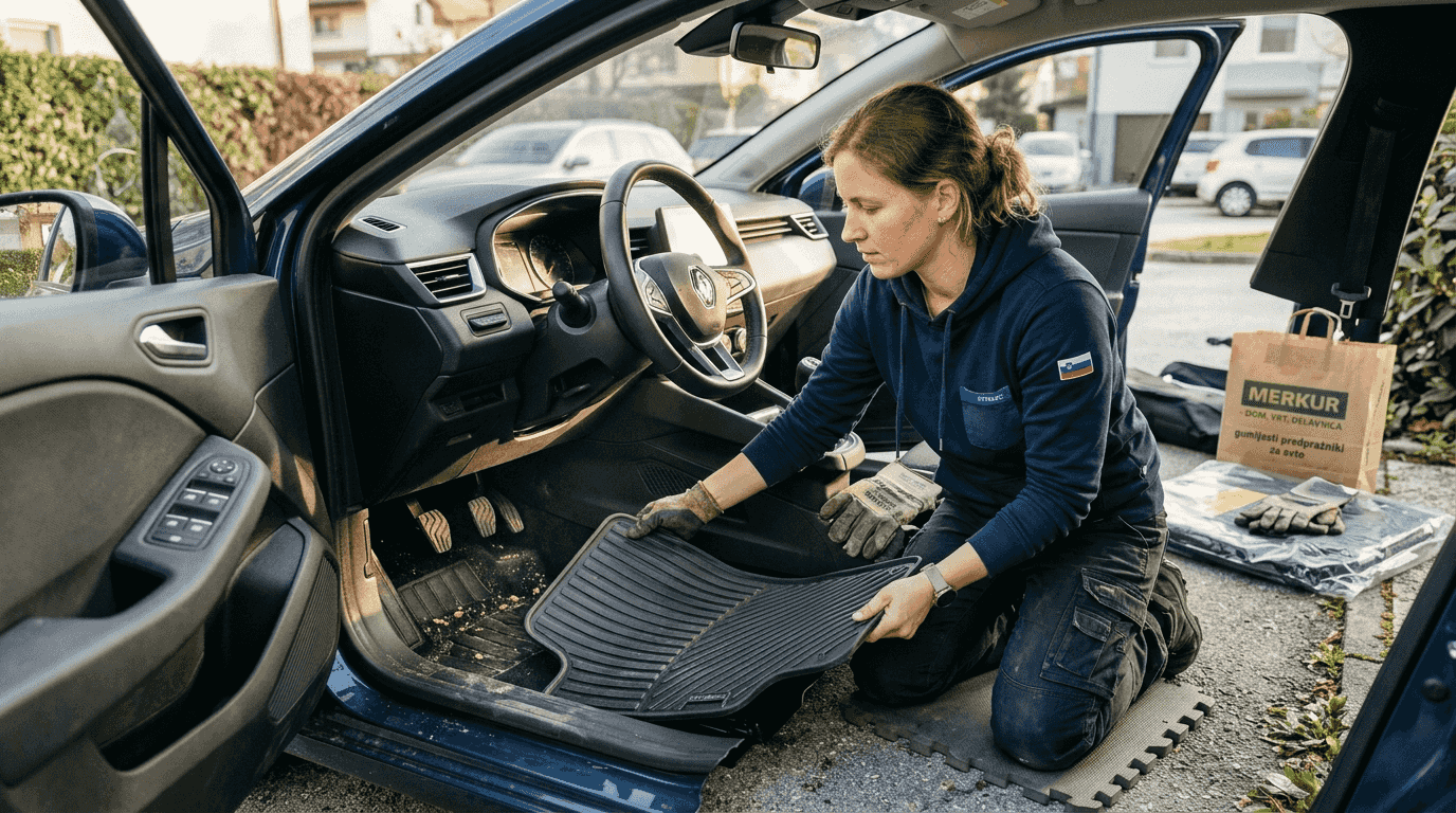 Ženska namešča gumijaste preproge v notranjost avtomobila.