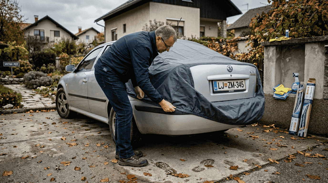 Moški na parkirišču zunaj natika zaščitno prevleko na svoj limuzinski avtomobil.