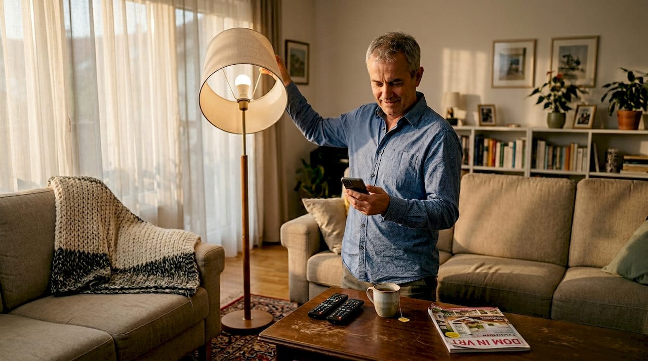 Moški v dnevni sobi prilagaja pametno osvetlitev po svojih željah.