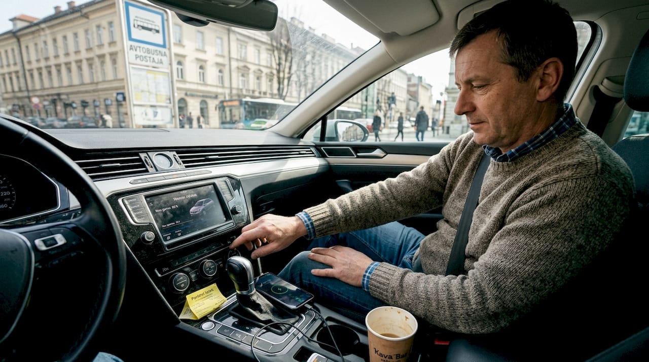Moški si pred vožnjo prilagodi nastavitve v avtu, da bi se med vožnjo počutil čim bolj udobno.