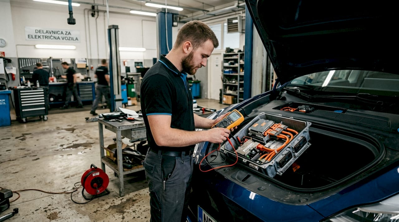 Serviser preverja napetost v električnem avtomobilu.