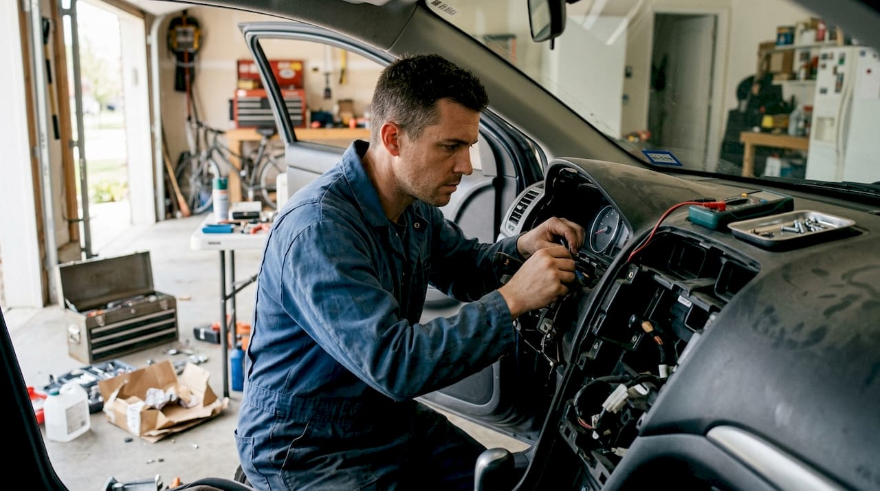 Avtomehanik v delavnici preverja elektronske sisteme v avtomobilu.