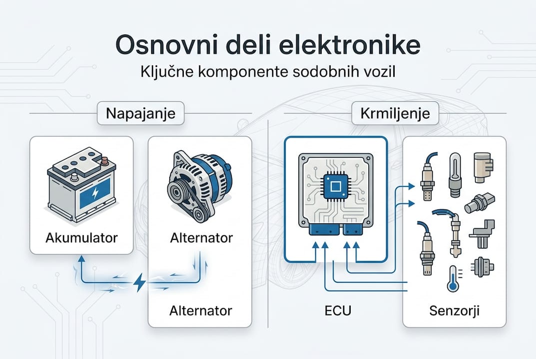 Pregledna infografika ključnih delov avtomobilske elektronike