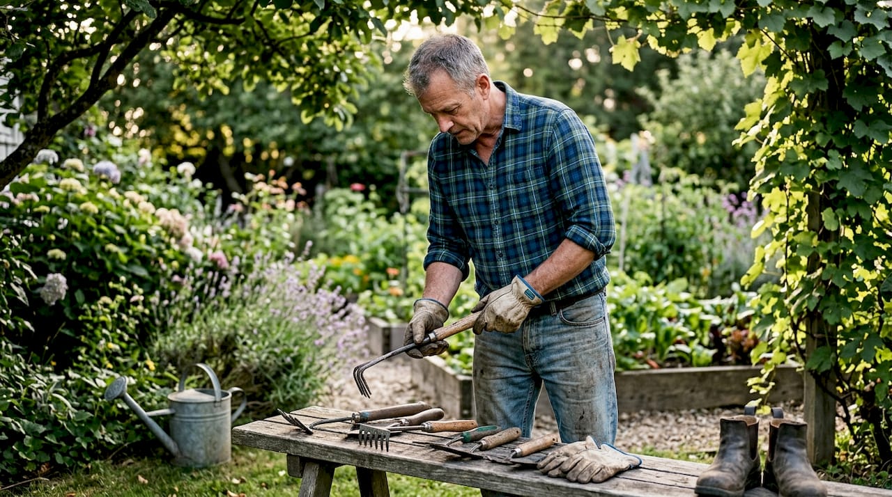 Moški si na prostem ogleduje osnovno vrtno orodje in izbira, katero bi mu najbolj prav prišlo za delo na vrtu.