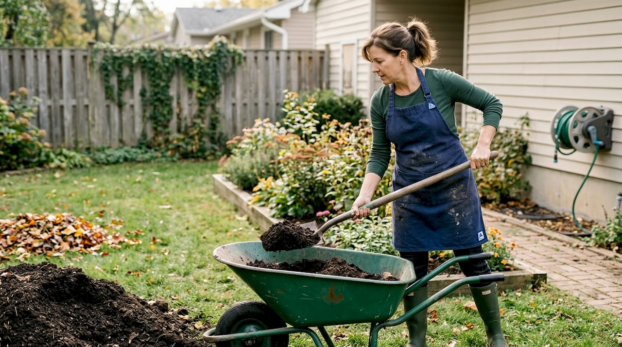 Ženska s samokolnico prevaža kompost.