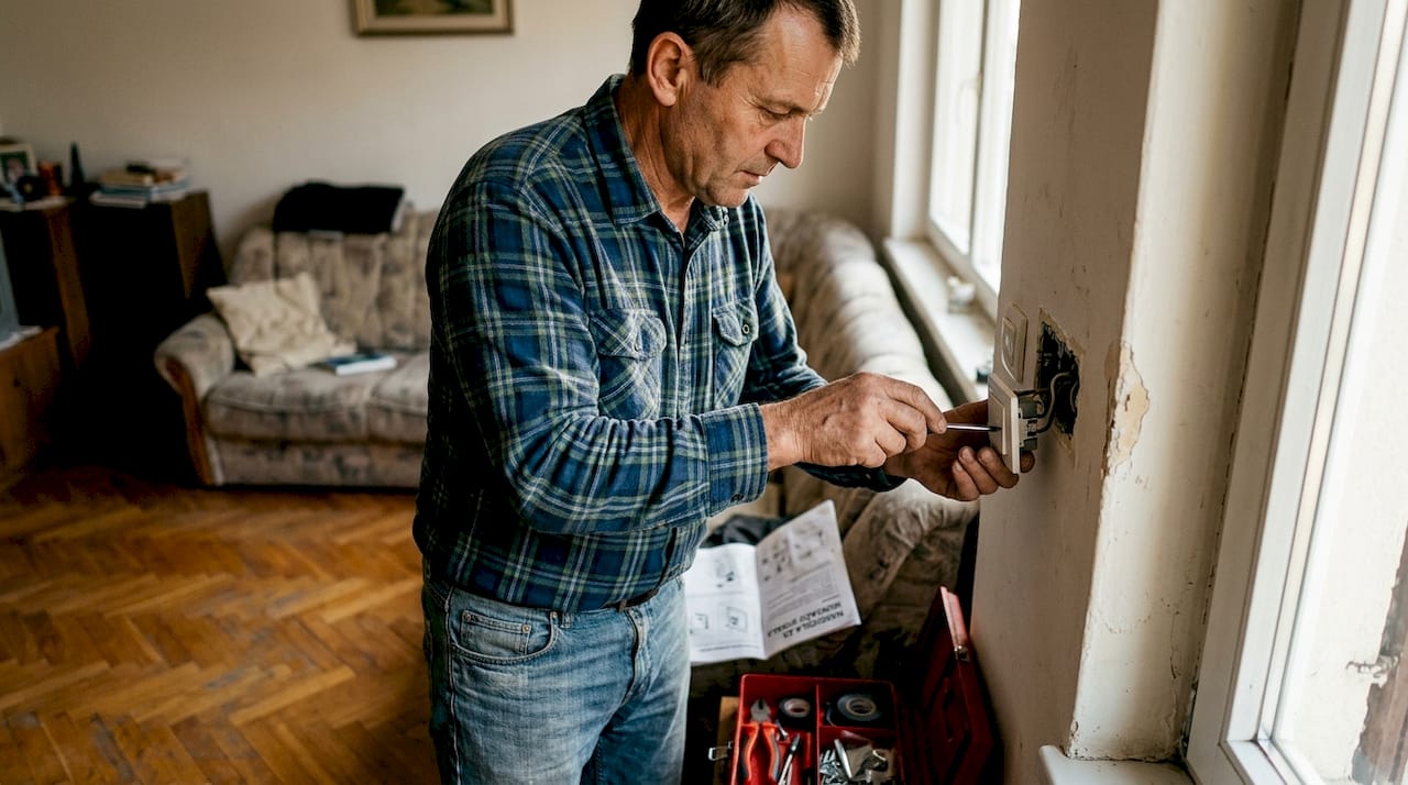 Lastnik stanovanja sam popravlja stikalo za luč v dnevni sobi.