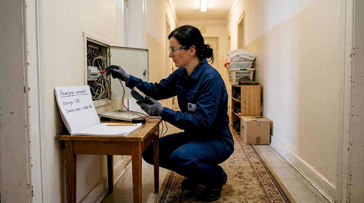 Električar preverja napeljavo v omarici z varovalkami na hodniku.