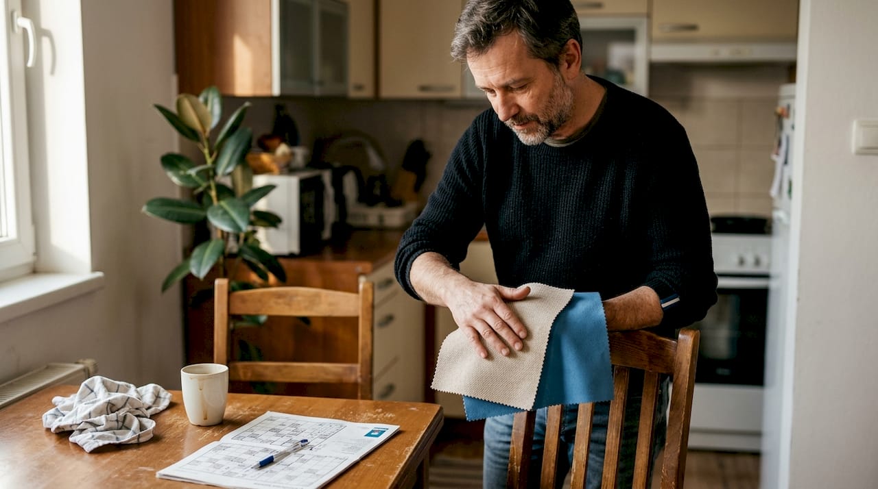 Moški sedi za kuhinjsko mizo in pregleduje ter primerja različne tkanine za prevleke, da bi izbral pravo za svoj dom.