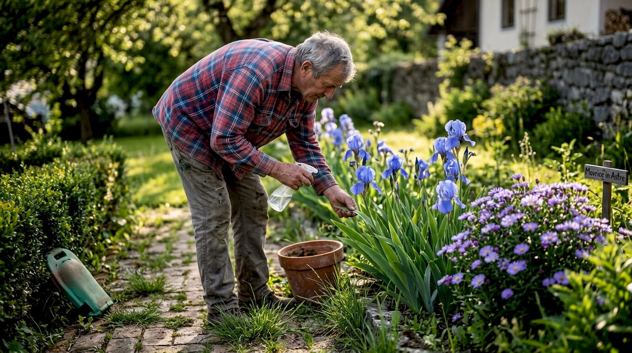 Moški si v vrtu od blizu ogleduje modre perunike in astre.