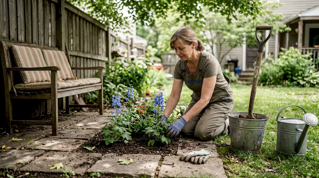 Vrtnar v domačem zelenem kotičku sadi modro cvetje in ustvarja pravo oazo miru.