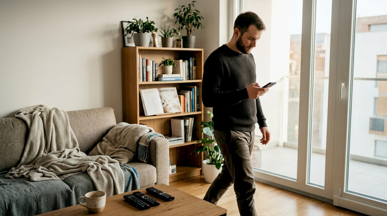 V dnevni sobi moški brska po svojem telefonu.