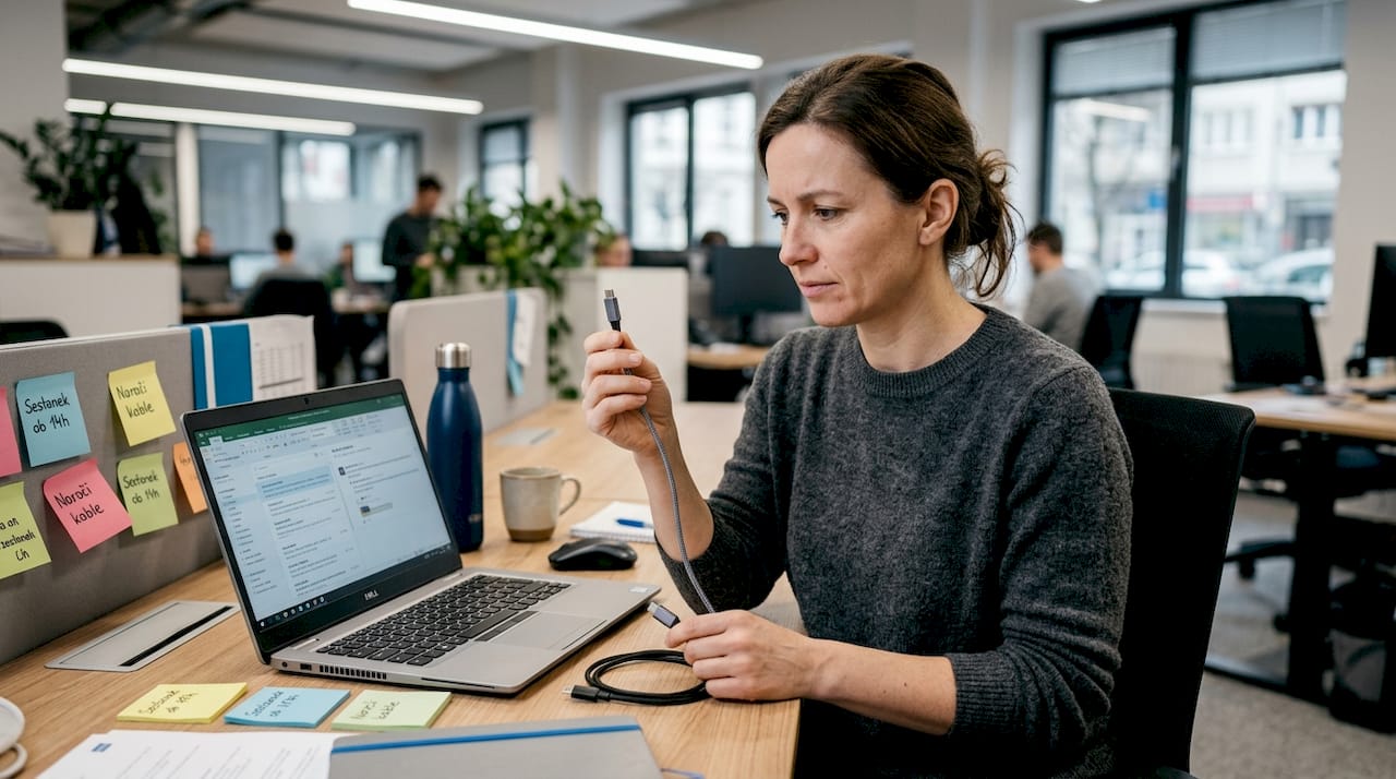 Ženska za pisalno mizo primerja dva USB-C kabla, da bi ugotovila, kateri je boljši za njene potrebe.