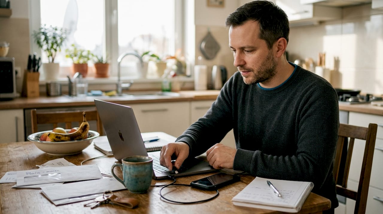 Moški sedi za kuhinjsko mizo in priključuje USB-C kabel v svoj prenosnik.