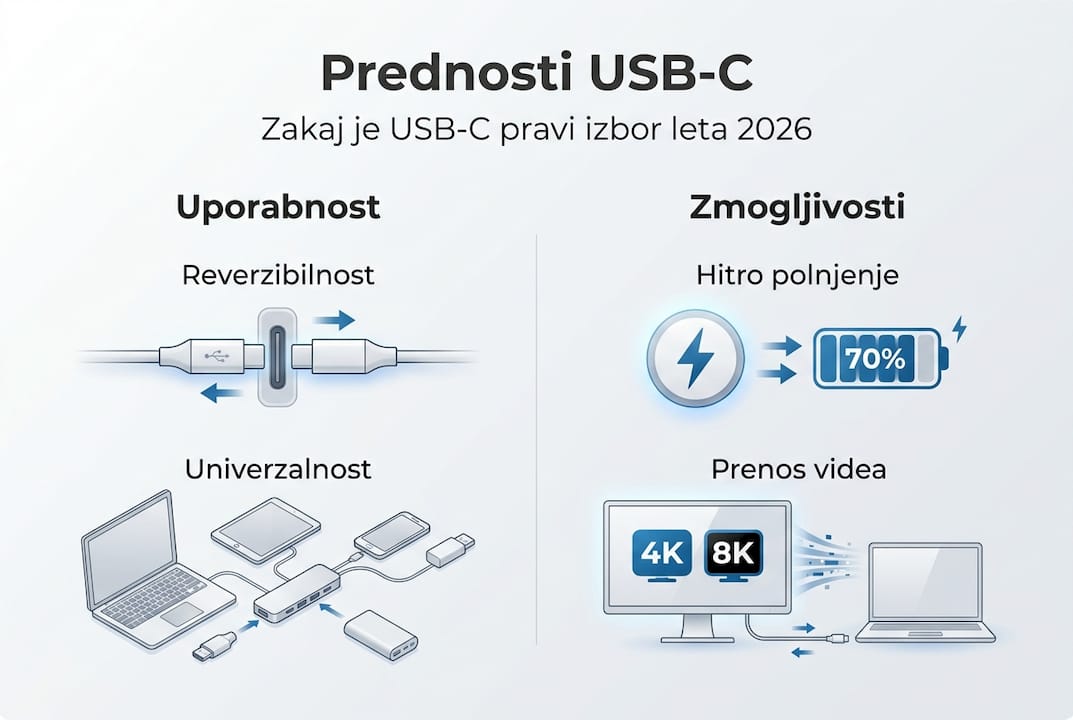 Infografika: Zakaj izbrati USB-C – prednosti in različne možnosti uporabe