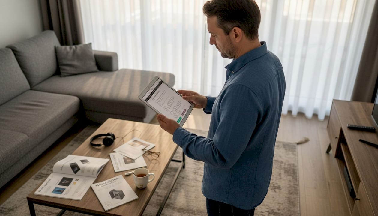 Moški v dnevni sobi s tablico v roki pregleduje in ocenjuje elektronske naprave.