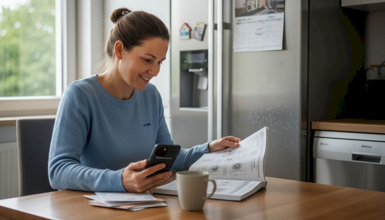 Ženska na kuhinjski mizi pregleduje navodila za napravo in hkrati brska po telefonu, da bi našla dodatne informacije.