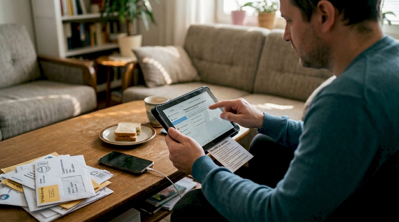 Moški doma na kavču posodablja svojo napravo.