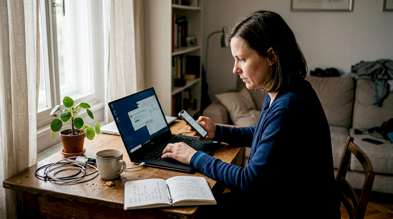 Ženska doma na prenosniku preverja računalnik za viruse.