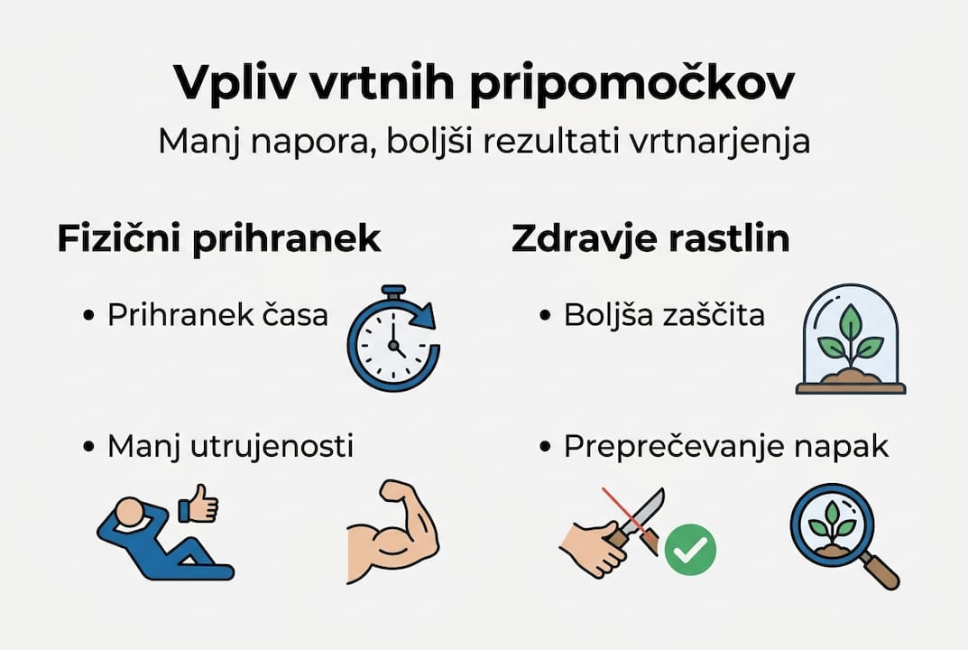 Pregled vpliva vrtnega orodja na delo in rast rastlin v obliki infografike