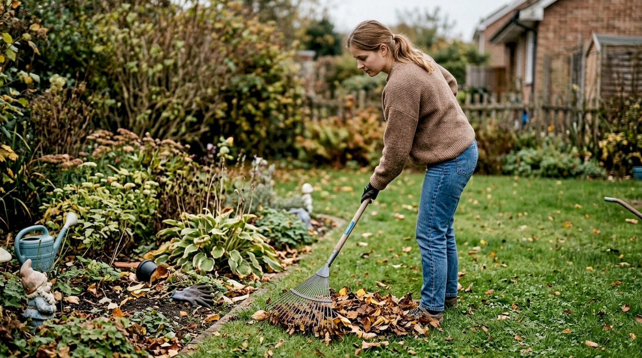 Na svojem dvorišču ženska z grabljo pospravlja jesensko listje.