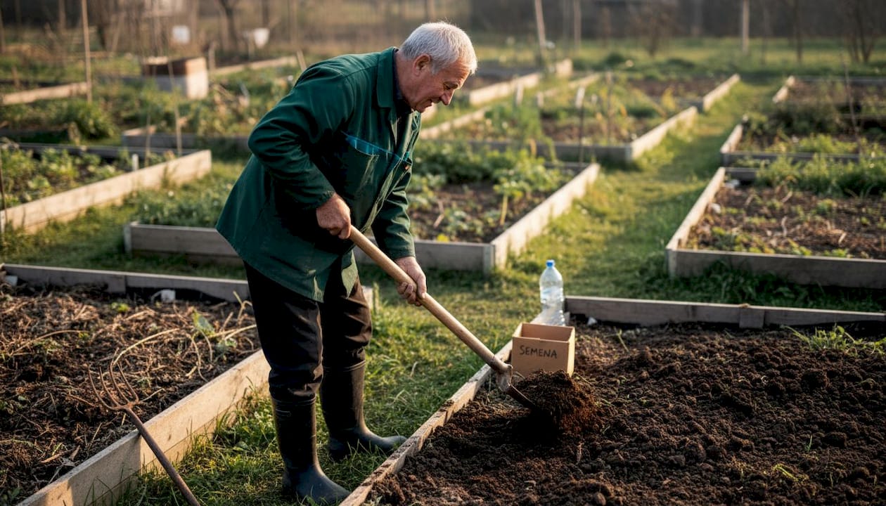 Vrtnar s lopato prekopava gredico.