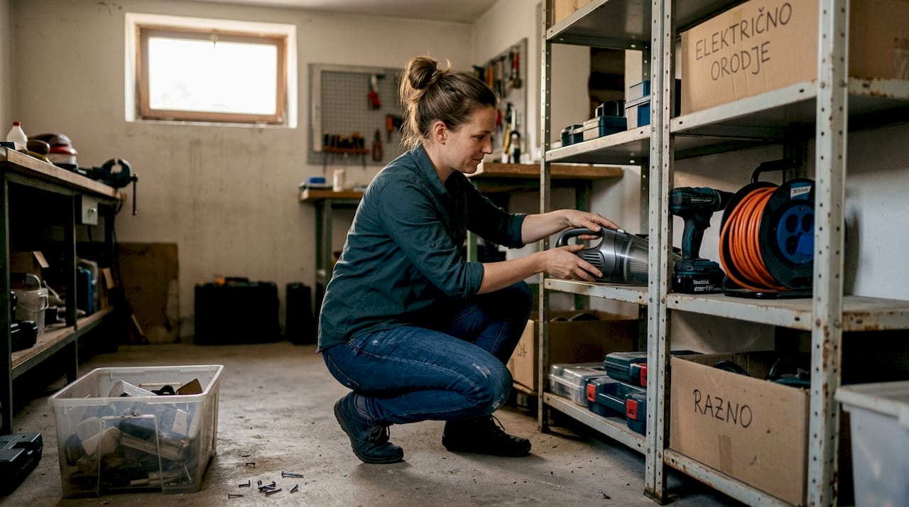 Ženska ureja naprave na polici v kleti.