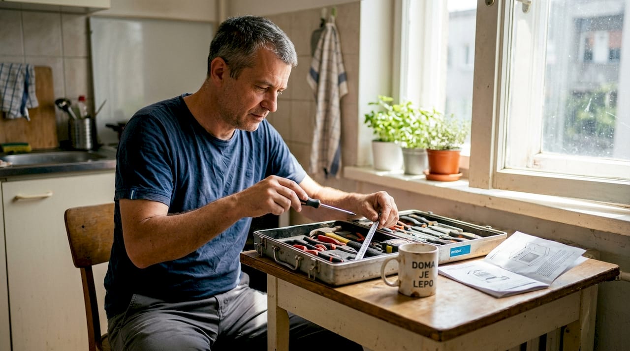 Moški preverja, ali ima doma vse potrebne osnovne pripomočke za manjša popravila.