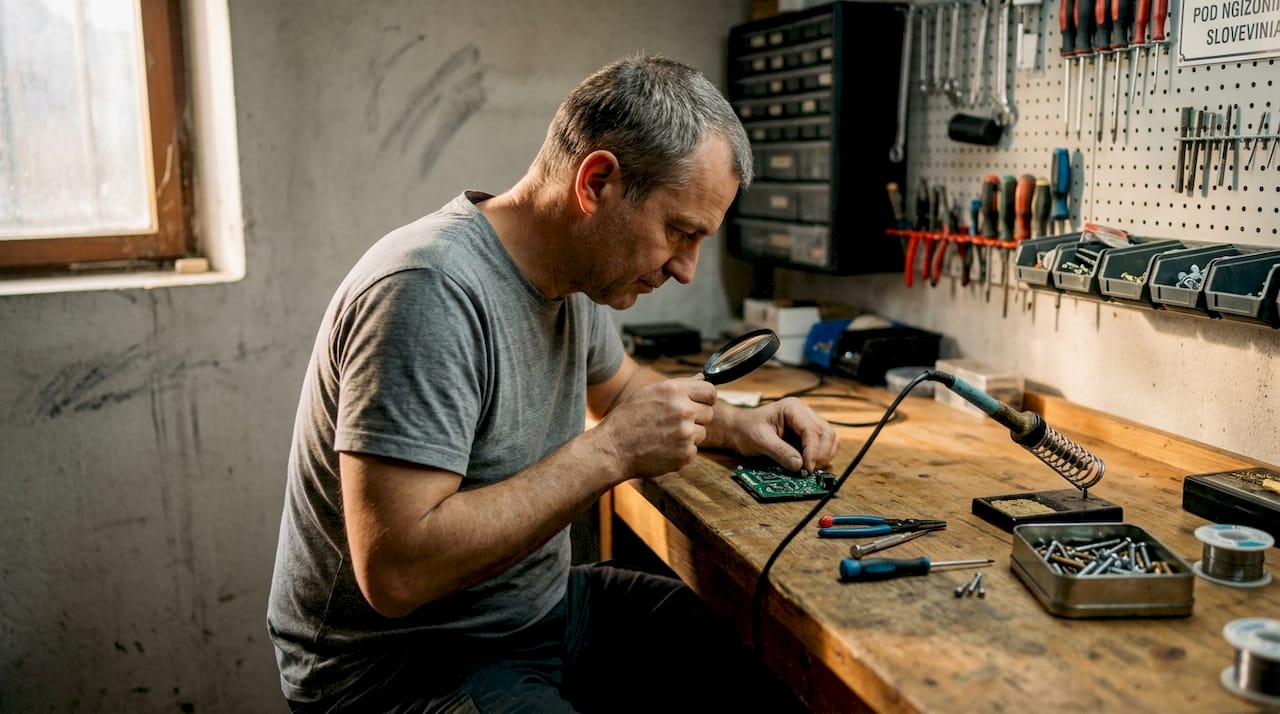 Moški zbrano preučuje elektronsko vezje za natrpano delovno mizo.