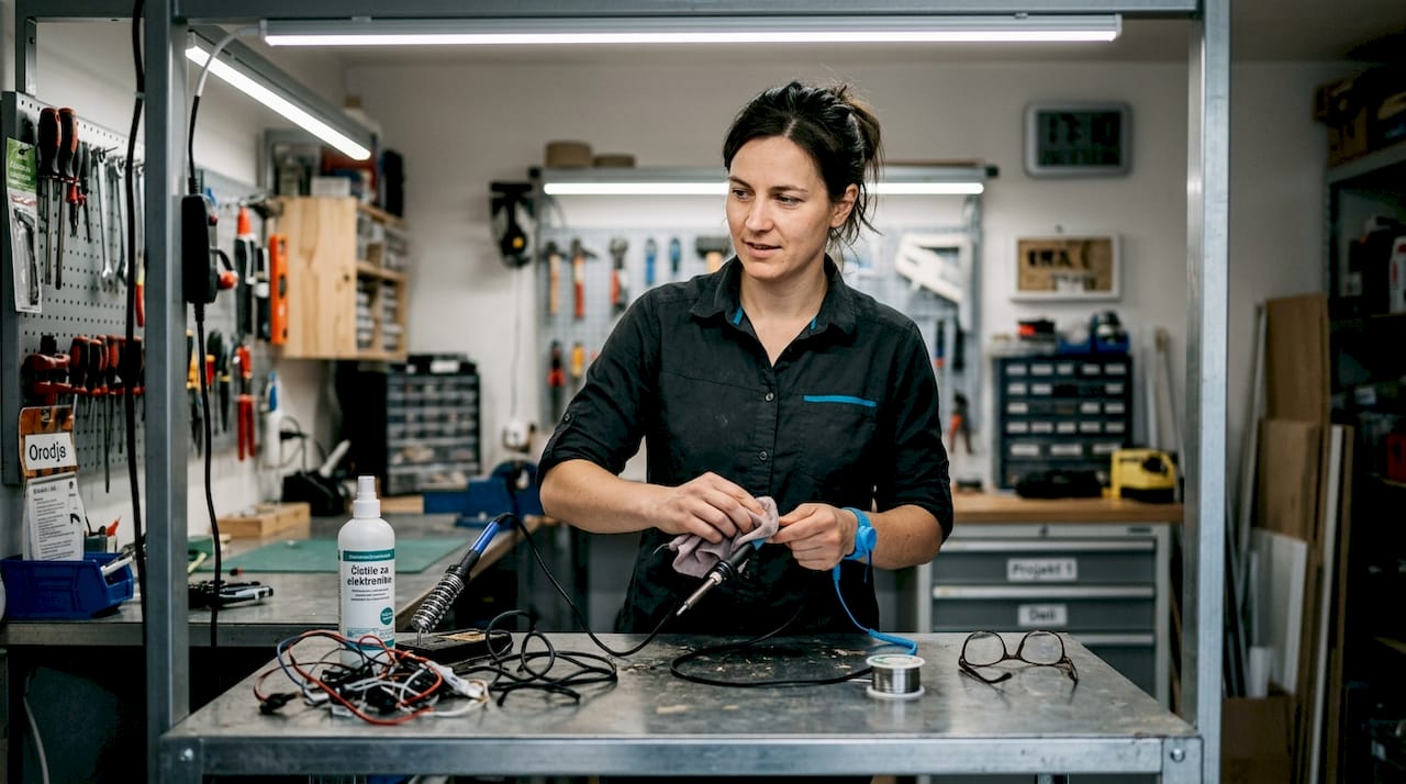 Ženska na delovni mizi skrbno čisti spajkalnik in njegov kabel.