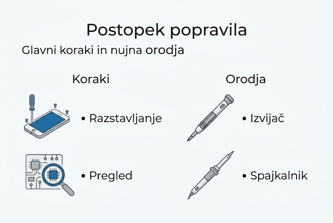 Grafični prikaz postopka popravila in najpomembnejših orodij, ki jih potrebujete za delo.