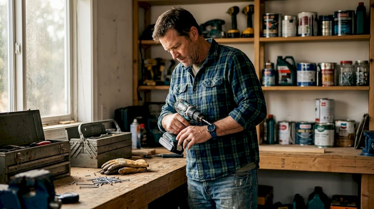 Moški v domači delavnici pregleduje brezžni vrtalnik in preverja, ali je primeren za naslednje opravilo.