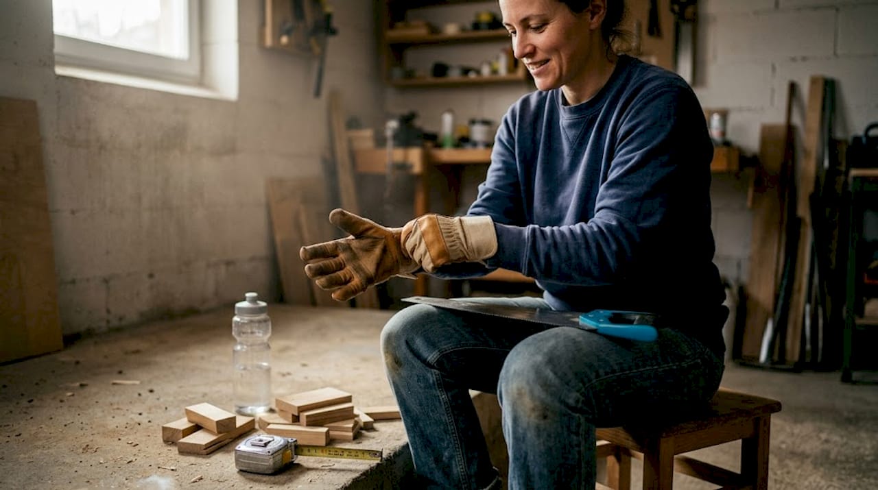 Preden začne ženska uporabljati žago, si najprej natakne rokavice.