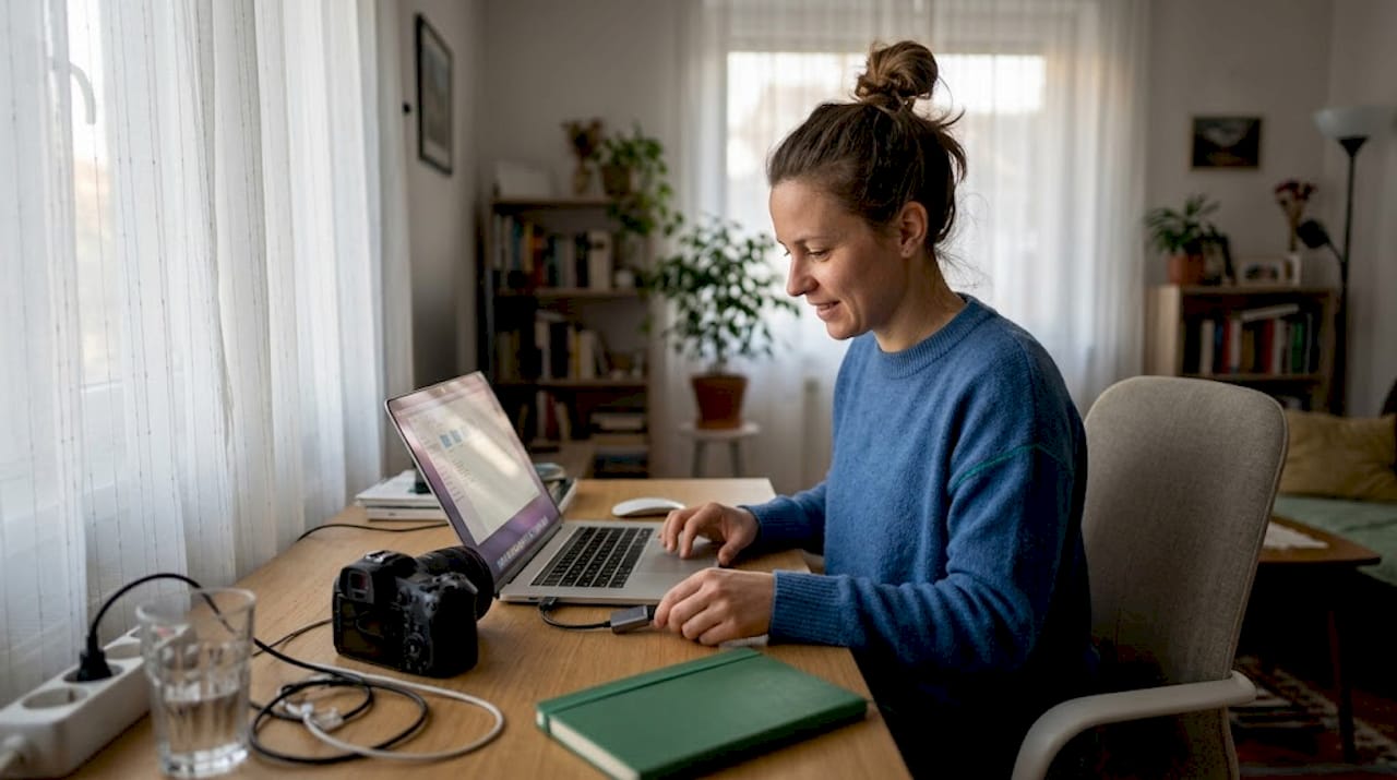 Ženska za pisalno mizo priklaplja USB adapter.