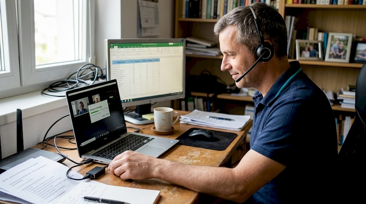 Moški med delom uporablja USB Ethernet adapter, da ima bolj stabilno internetno povezavo.