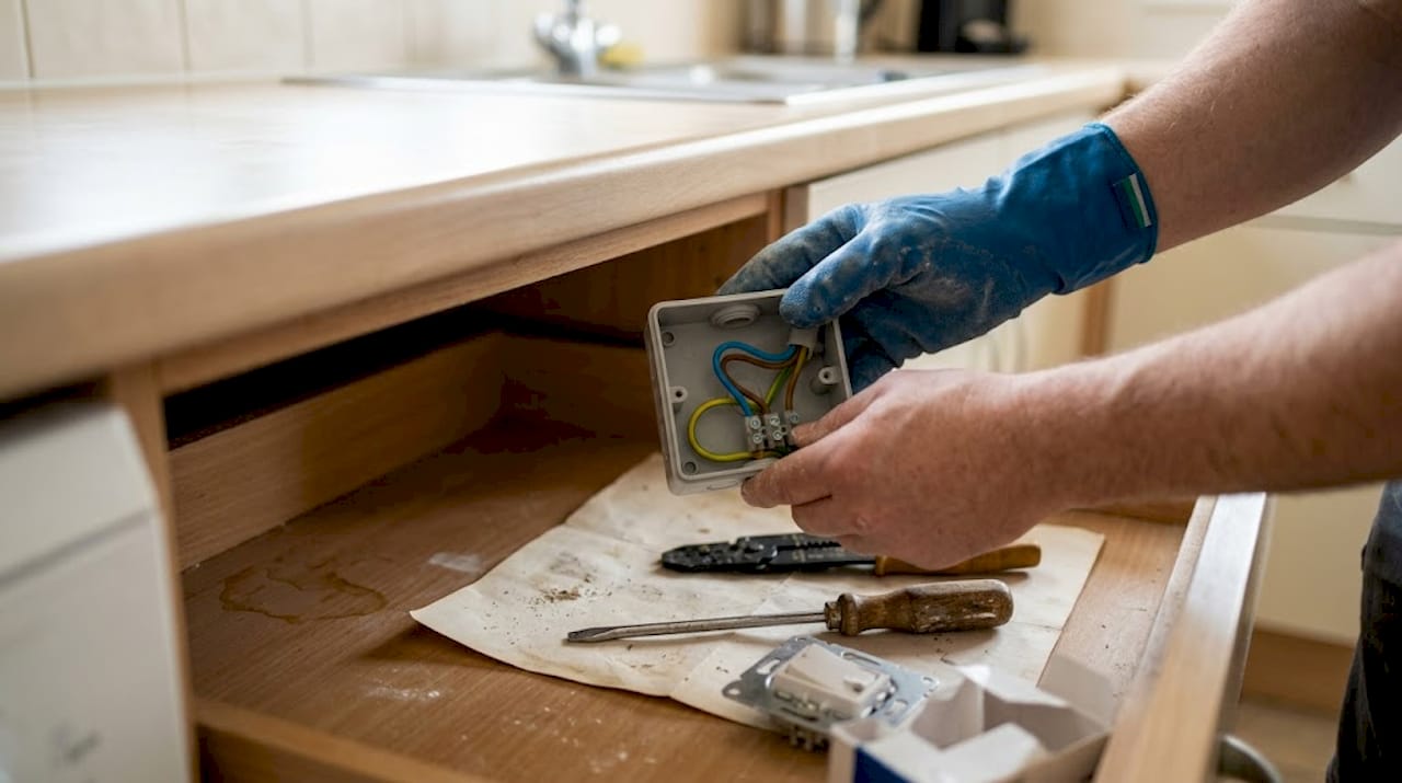 Roke, ki držijo odprto razdelilno dozo z barvnimi žicami