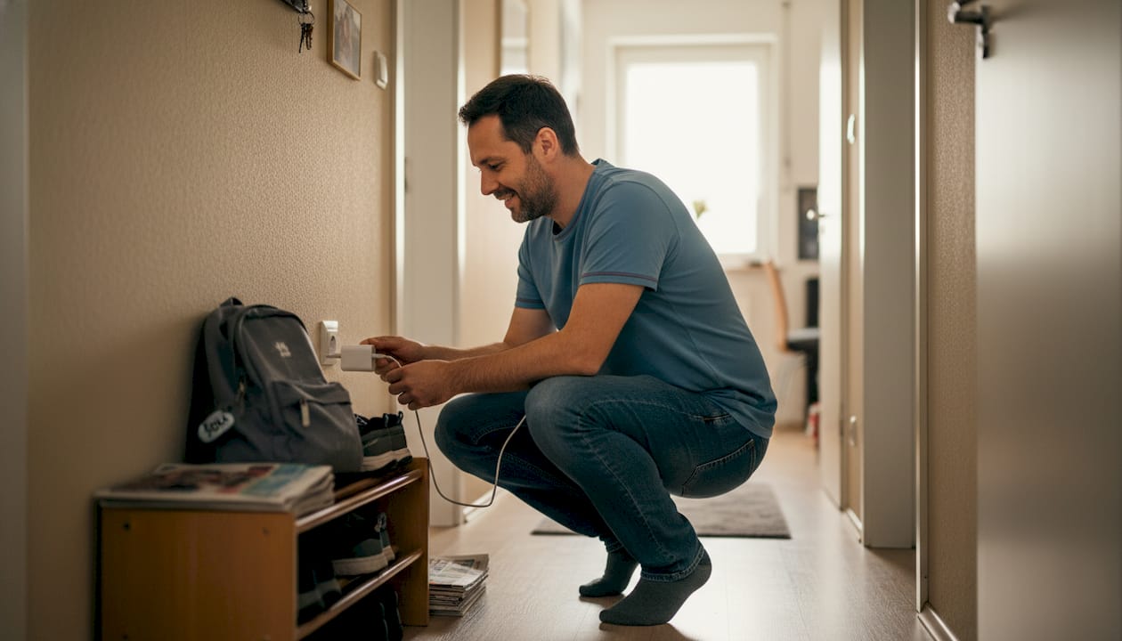 Moški priključuje polnilec v električno vtičnico.