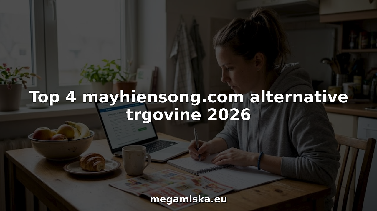 Ženska sedi za kuhinjsko mizo in primerja ponudbo različnih spletnih trgovin.