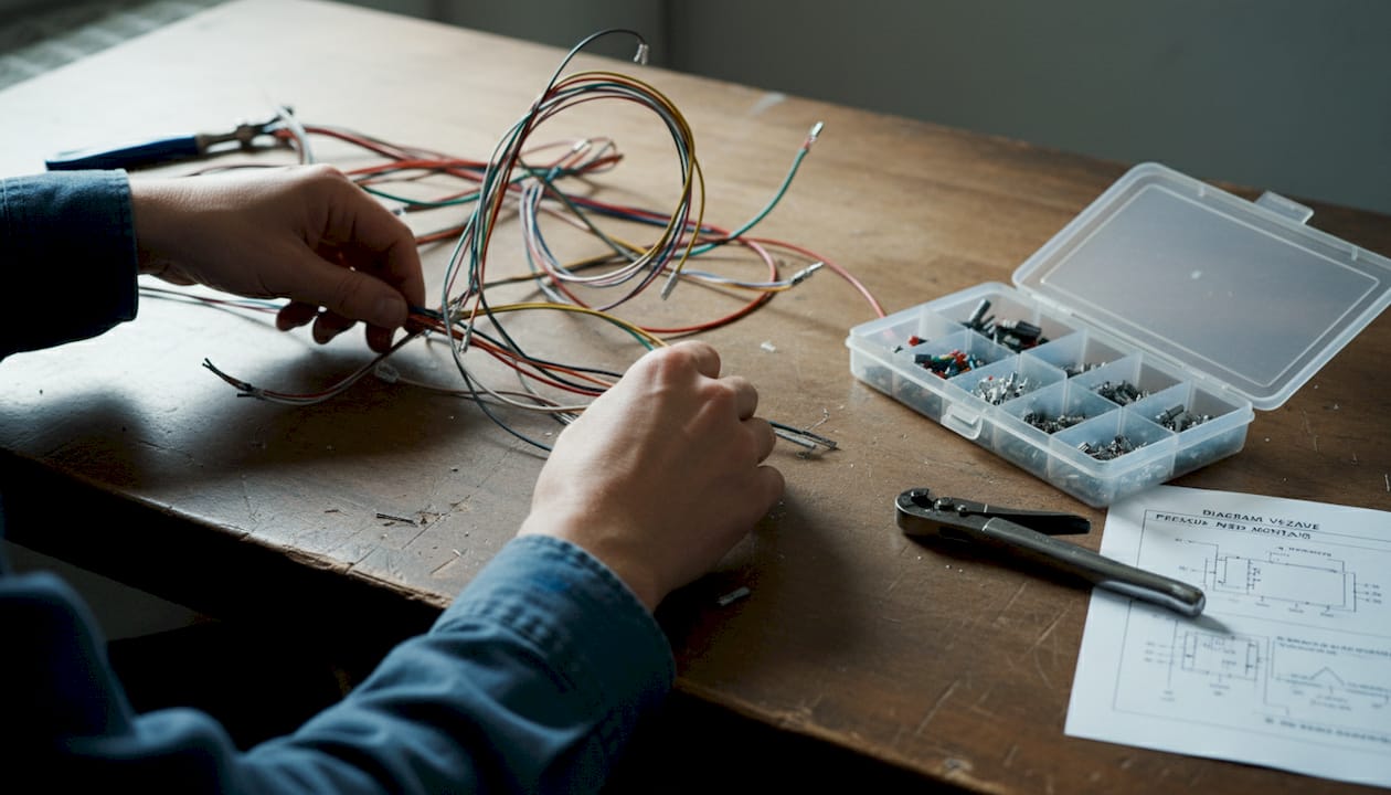 Roke skrbno razvrščajo žice in kabelske snope.