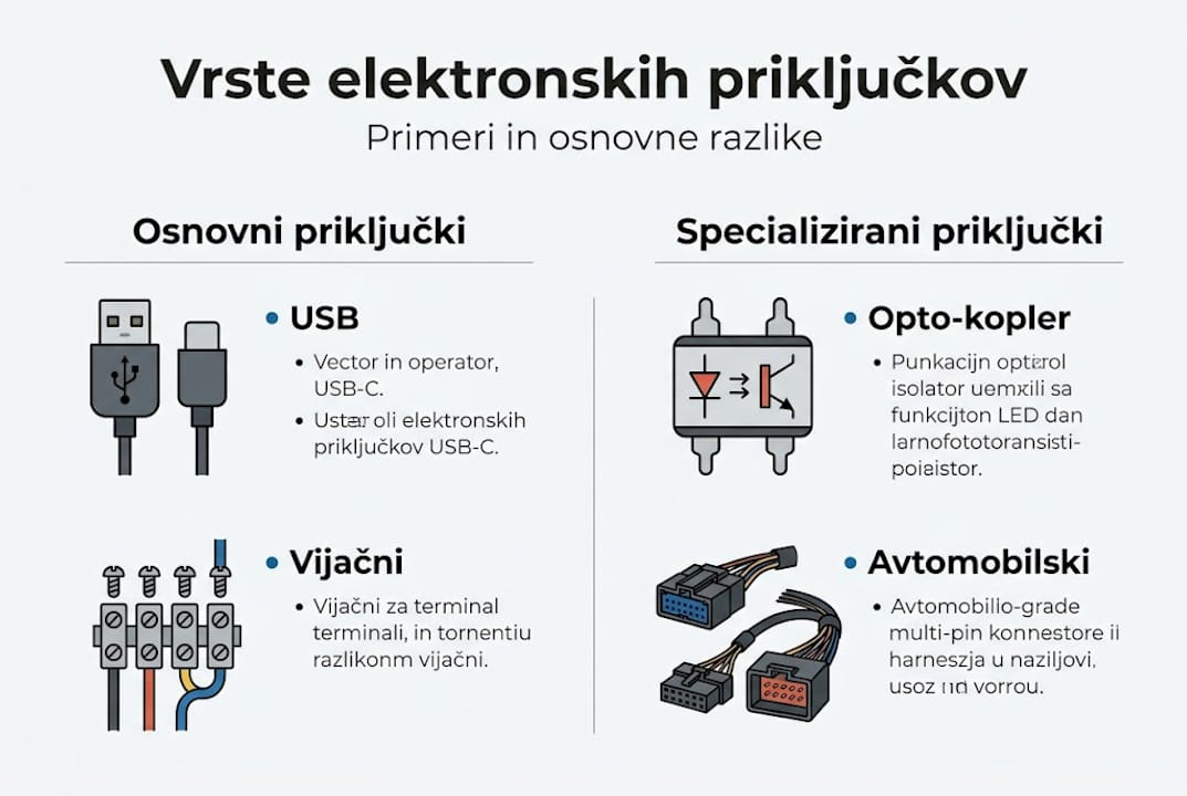 Pregledna infografika z najpogosteje uporabljenimi ter posebnejšimi tipi priključkov