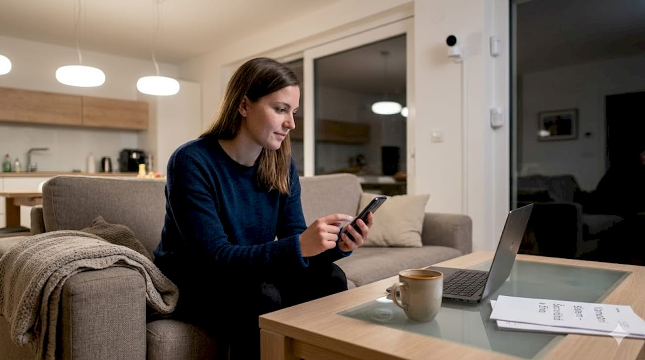 Ženska v dnevni sobi preverja varnost preko aplikacije na telefonu.