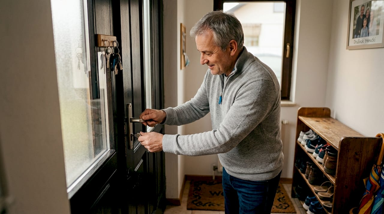 Moški popravlja ključavnico na hodniku, kjer je očitno, da ljudje vsak dan živijo.