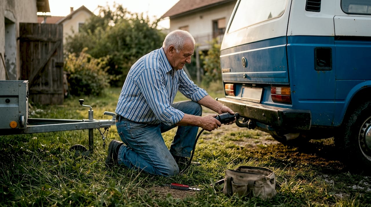 Priklop prikolice z adapterjem na domačem dvorišču
