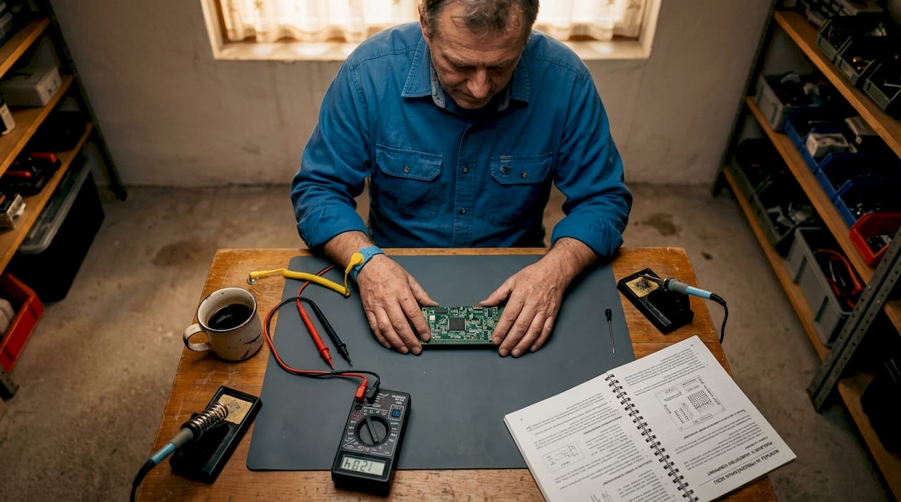 Moški doma v svoji delavnici sestavlja elektronsko vezje.