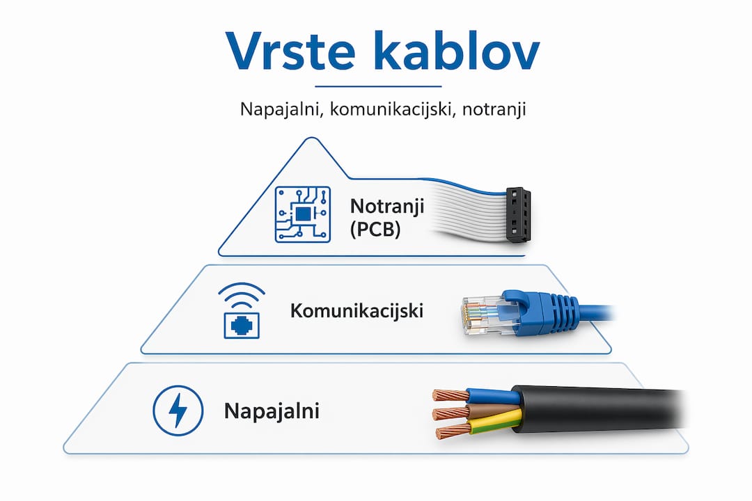 Infografika prikazuje, kako so različne vrste kablov sestavljene po posameznih plasteh.